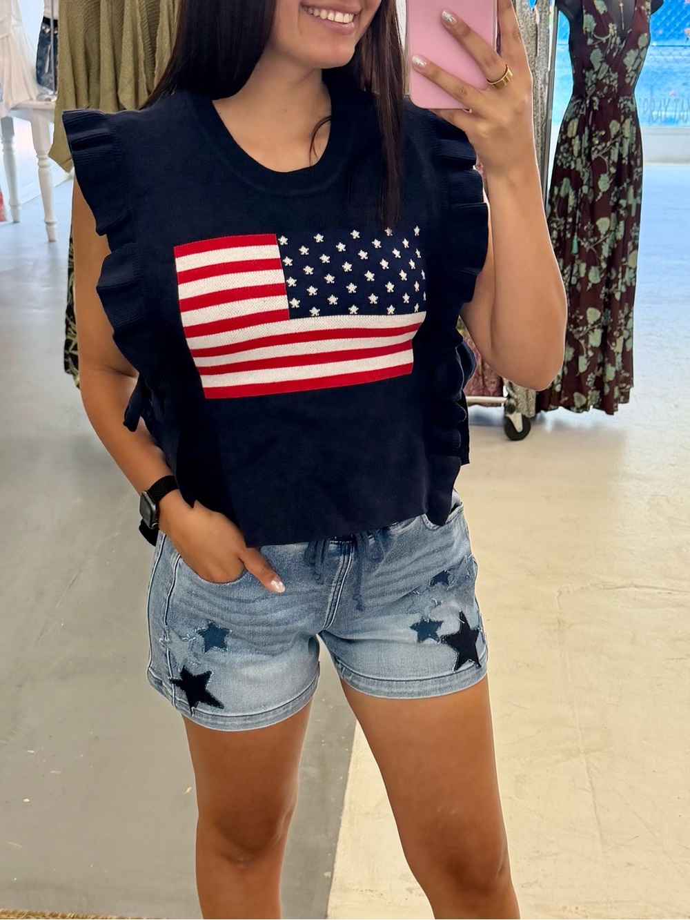 Women’s navy Ruffle Sleeve Flag Graphic Top